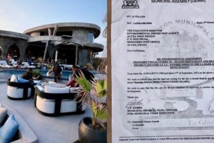 Following the demolition of ULA Beach Club, an official La Dade Kotopon Municipal Assembly Environmental Assessment Permit granted to the establishment and addressed to the Environmental Protection Agency (EPA) has surfaced online. The letter, dated 3rd October, 2023 and signed by the Municipal Physical Planning Officer stated that the site, based on the design submitted by the applicant, was suitable and adequate for the proposed development.