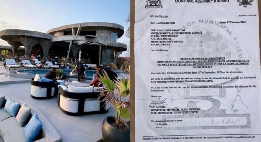 Following the demolition of ULA Beach Club, an official La Dade Kotopon Municipal Assembly Environmental Assessment Permit granted to the establishment and addressed to the Environmental Protection Agency (EPA) has surfaced online. The letter, dated 3rd October, 2023 and signed by the Municipal Physical Planning Officer stated that the site, based on the design submitted by the applicant, was suitable and adequate for the proposed development.